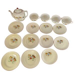 Vintage Japan Child Tea Set Cat Dog Design Teapot Cups Saucers Plates 16 Pc